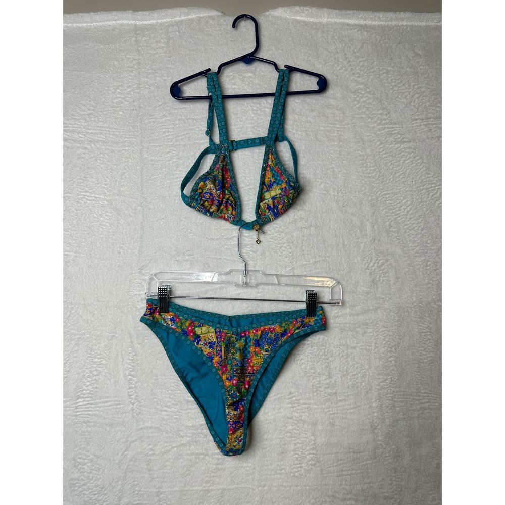 Bydee Amber Teal Floral Patchwork Beaded Triangle Bikini Set Small Handmade